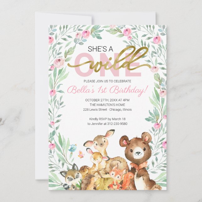 Wild One 1st Birthday Woodland Animals  Invitation (Front)