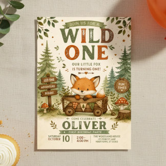 Wild One 1st Birthday | Woodland Fox Theme Invitation