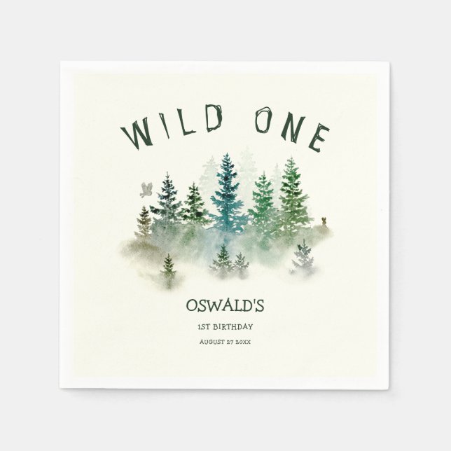 Wild One 1st Birthday Woodland Watercolor Napkin (Front)