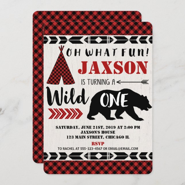Wild one 1st first birthday invitation boy bear (Front/Back)