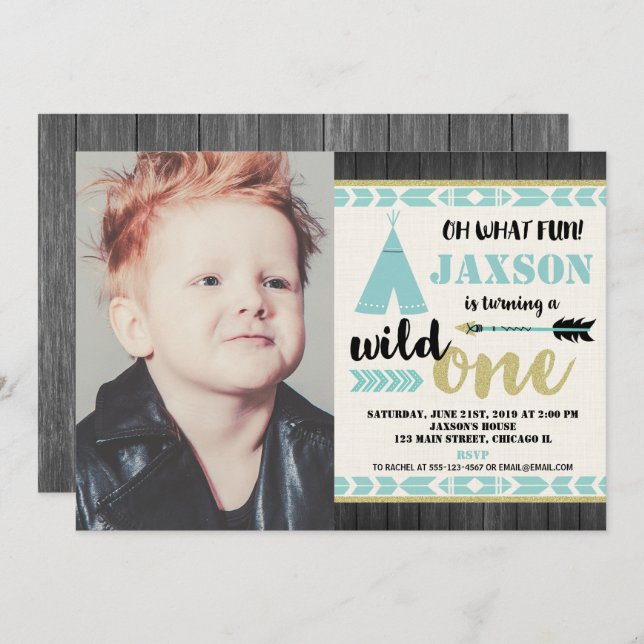 Wild one 1st first birthday photo invitation teal (Front/Back)