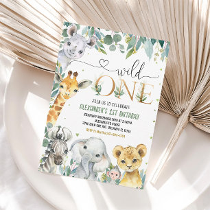 Wild One 1st Gold Jungle Animals Birthday Invitation