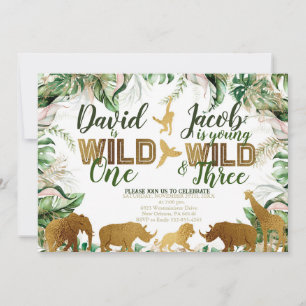 Wild One and Three Combined Zoo 1st 3rd Birthday Invitation