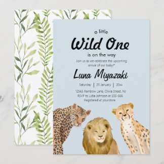 wild one animal lion cheetah for boy baby shower  invitation