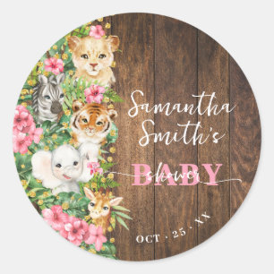 Wild One Animal Rustic Safari Pink Baby Shower Classic Round Sticker