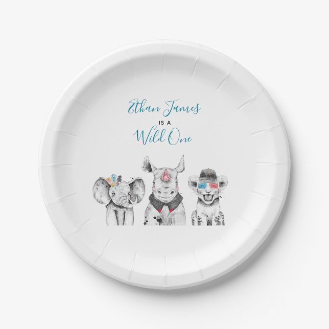 Wild One Animal Safari Black White Blue Birthday Paper Plate (Front)