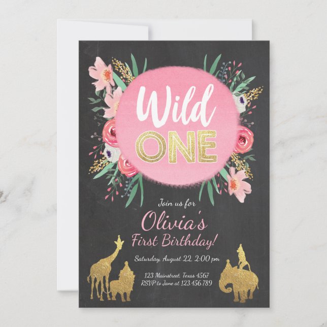 Wild One Animals Birthday Invitation Floral Gold (Front)