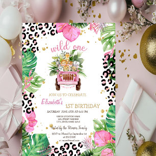 Wild One Animals Car,Palm Leaves 1st Birthday  Invitation