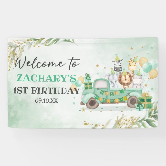 Wild One Animals Greenery Gold Safari 1st Birthday Banner (Horizontal)