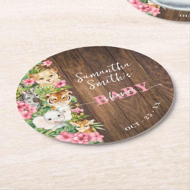 Wild One Animals Rustic Pink Safari Baby Shower Round Paper Coaster (Angled)