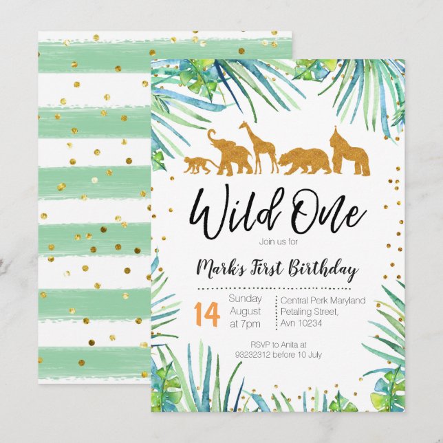 Wild One Anniversaire Invitation Jungle Animaux Pa (Devant / Derrière)