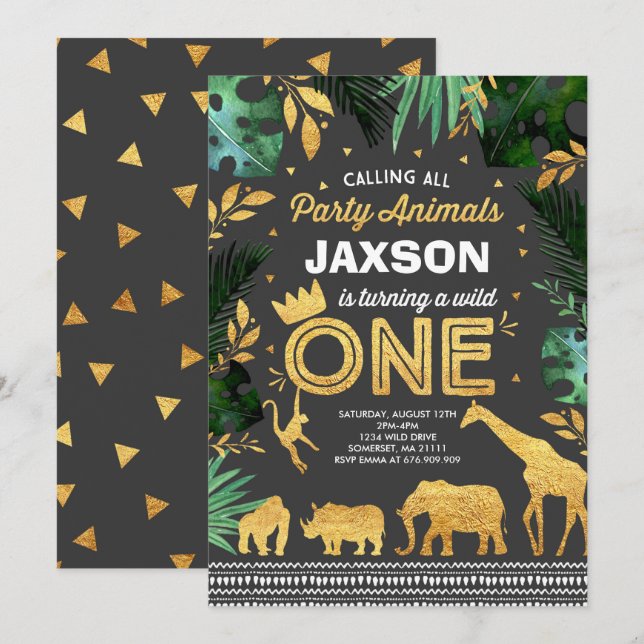 Wild One Anniversaire Invitation Jungle Animaux Pa (Devant / Derrière)