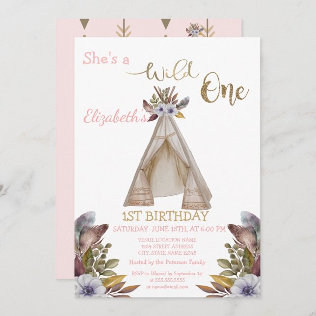 Wild One, Arrows,Tent,Flowers First Birthday  Invitation (Front/Back)