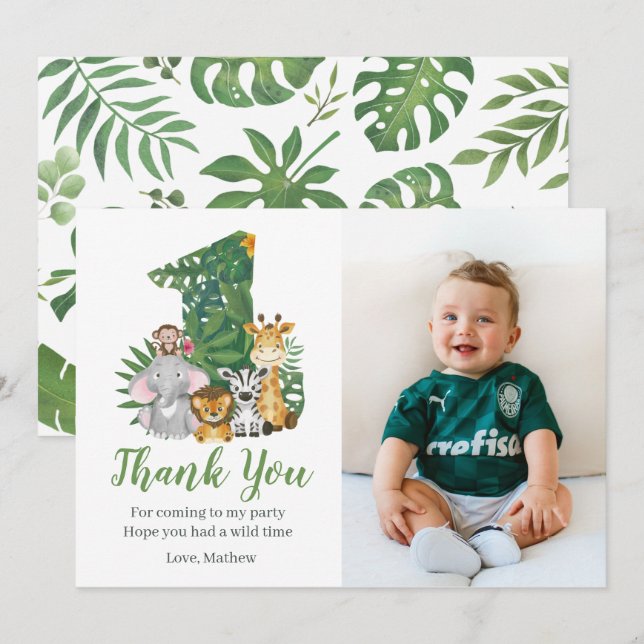 Wild One Baby 1st Birthday Jungle Safari Thank You Card (Front/Back)