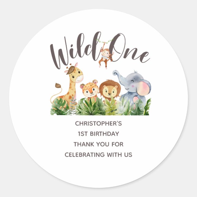 Wild One Baby Animals Jungle Safari 1st Birthday Classic Round Sticker (Front)