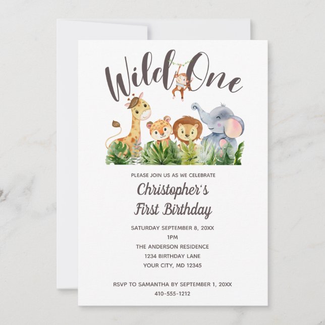 Wild One Baby Animals Jungle Safari 1st Birthday  Invitation (Front)