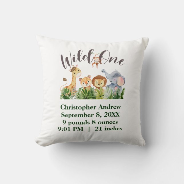 Wild One Baby Animals Jungle Safari Birth Stats Throw Pillow (Front)