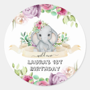 Wild One - Baby Elephant and Flowers 1st Birthday  Classic Round Sticker