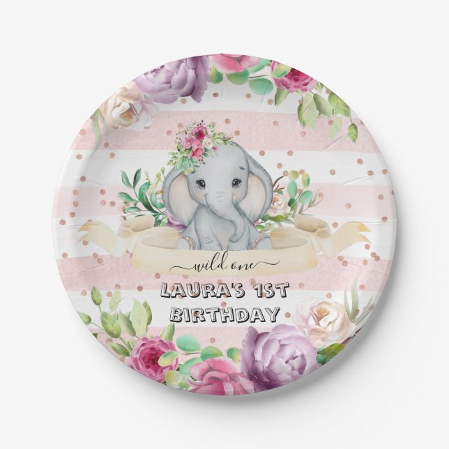 Wild One - Baby Elephant and Flowers 1st Birthday Paper Plate (Front)