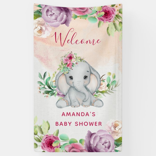 Wild One - Baby Elephant and Flowers Banner (Vertical)