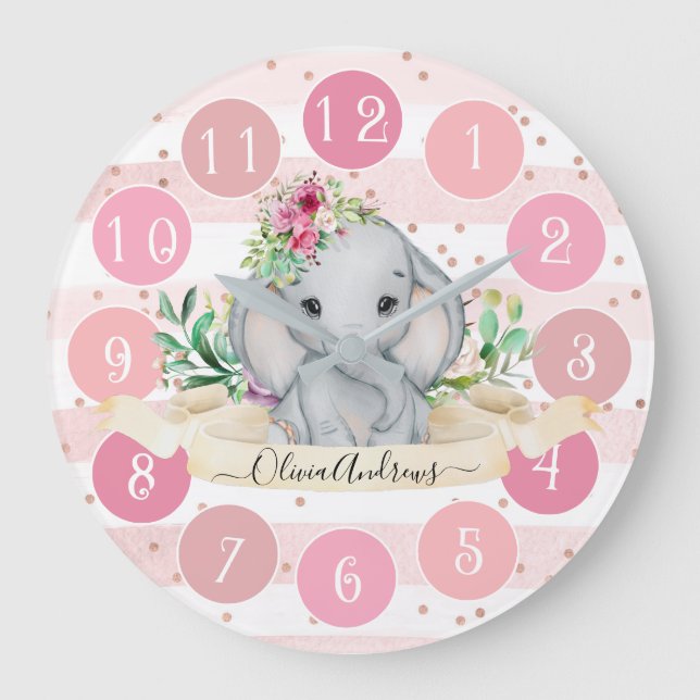Wild One - Baby Elephant and Flowers Large Clock (Front)