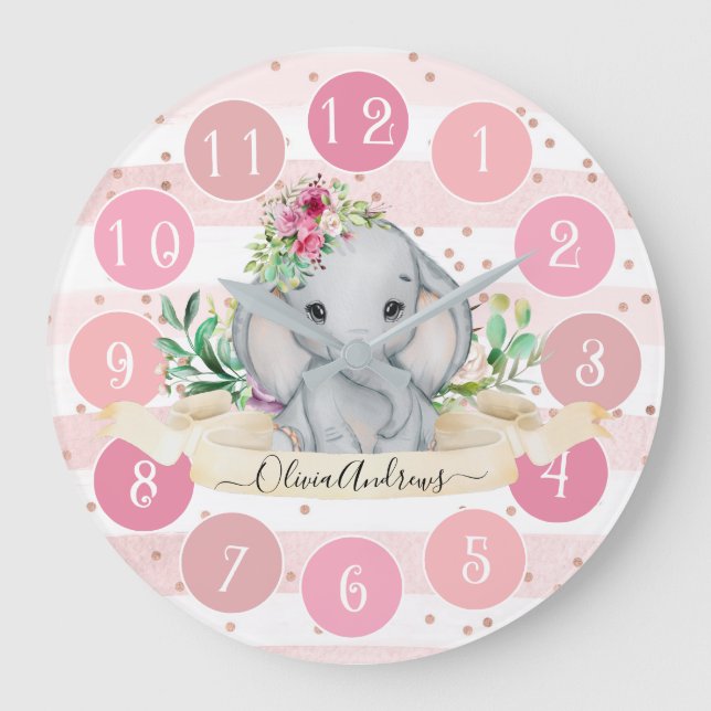 Wild One - Baby Elephant and Flowers Large Horloge (Recto)