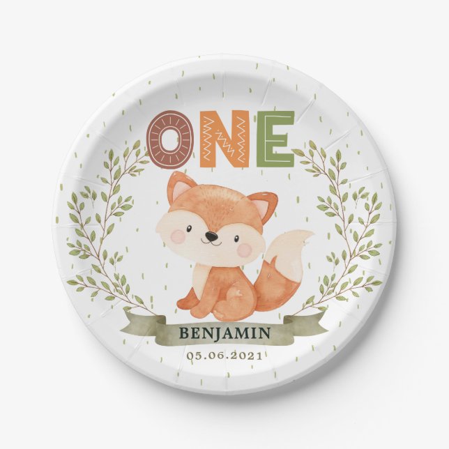 Wild One Baby Fox 1st Birthday Paper Plate (Front)