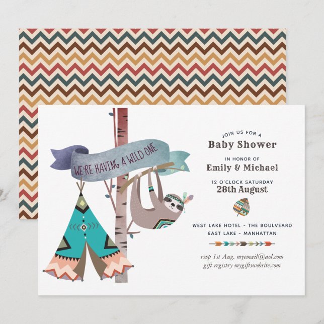 Wild One Baby Shower Tribal Sloth TeePee Invitation (Front/Back)