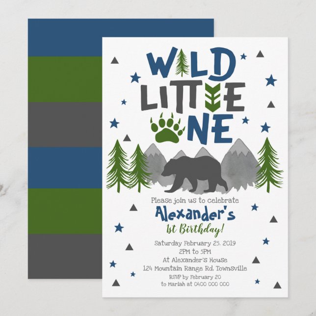Wild One Bear 1st Birthday Invitation (Front/Back)
