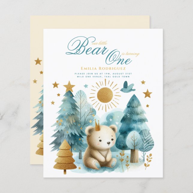 Wild One Bear 1st Birthday (or EDIT AGE) Teal Gold (Front/Back)