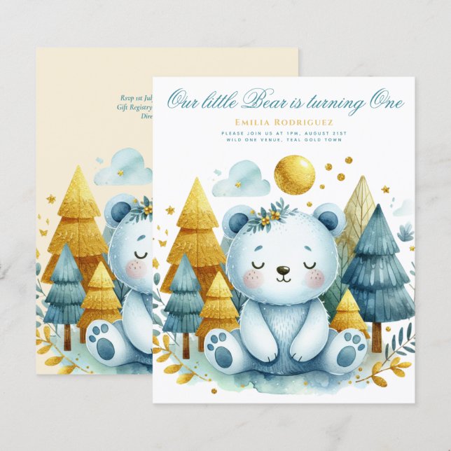Wild One Bear 1st Birthday (or EDIT AGE) Teal Gold (Front/Back)