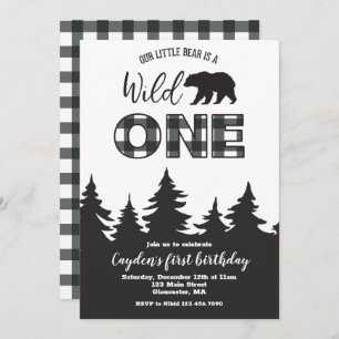 Wild One Bear Buffalo Plaid First Birthday Invitat Invitation