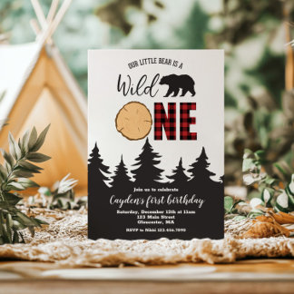 Wild One Bear Buffalo Plaid First Birthday Invitation