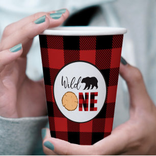 Wild One Bear Buffalo Plaid First Birthday Paper Cups