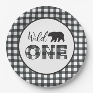Wild One Bear Buffalo Plaid First Birthday Paper Plate