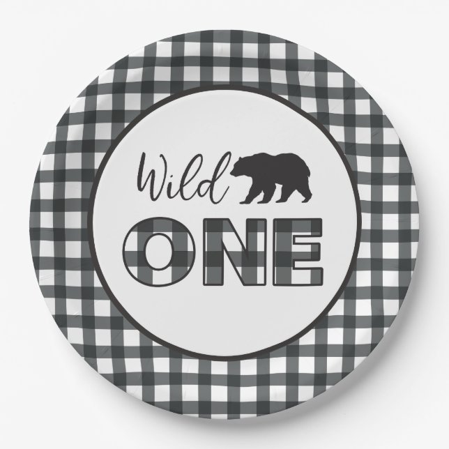 Wild One Bear Buffalo Plaid First Birthday Paper Plate (Front)