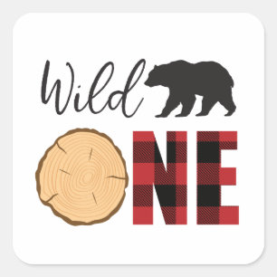 Wild One Bear Buffalo Plaid First Birthday Square Sticker
