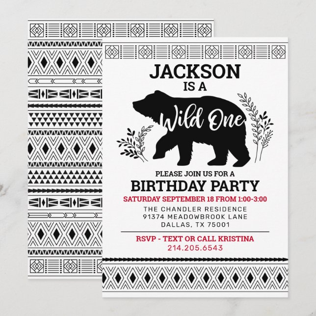 Wild One Bear First Birthday Invitation (Front/Back)