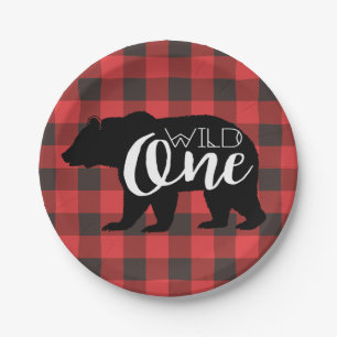 Wild One Bear   Flannel First Birthday Paper Plate