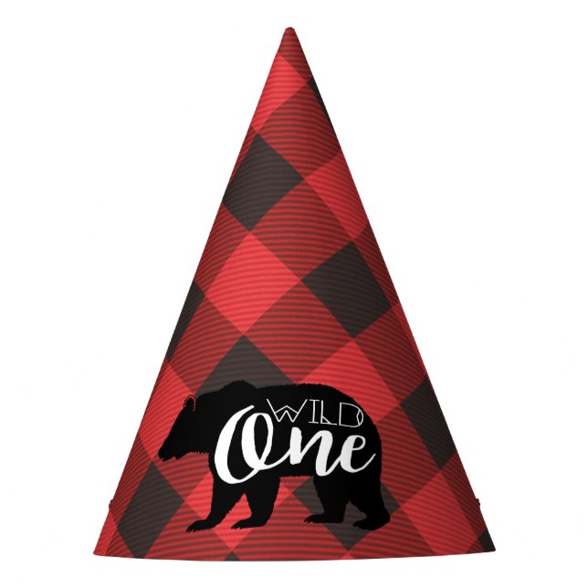 Wild One Bear | Flannel First Birthday Party Hat (Front)