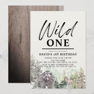 Wild One Bear Forest Mountain Boy 1st Birthday Invitation