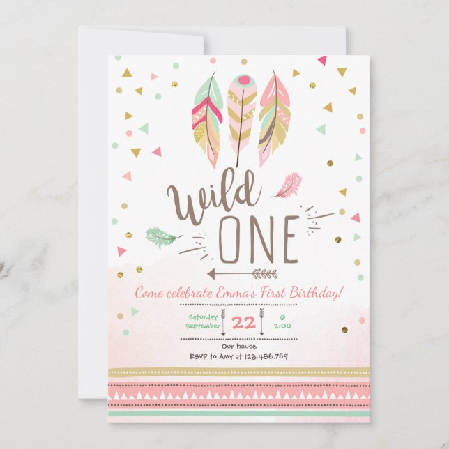 Wild one Birthday Girl Pink Gold 1st Boho Feathers Invitation (Front)