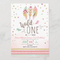 Wild one Birthday Girl Pink Gold 1st Boho Feathers