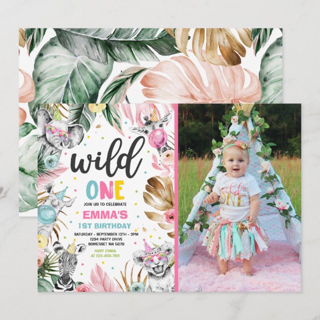 Wild One Birthday Gold Safari Jungle Animals Party Invitation (Front/Back)