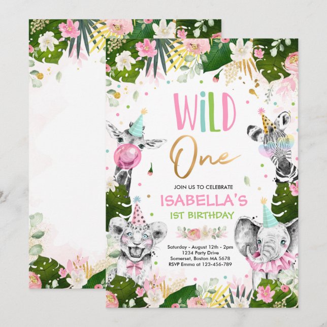 Wild One Birthday Gold Safari Jungle Animals Party Invitation (Front/Back)