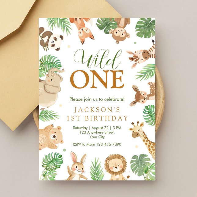 Wild One Birthday Invitation (Wild one birthday invitation with safari animals and tropical greenery for boys)
