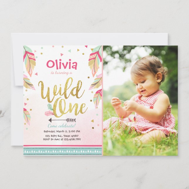 Wild One birthday invitation First birthday Girl (Front)