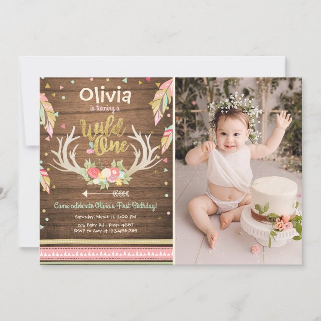 Wild One birthday invitation First birthday Girl (Front)