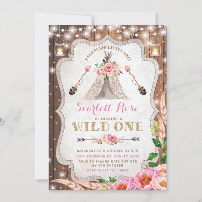 Wild One Birthday Invitation Floral Boho Teepee (Front)