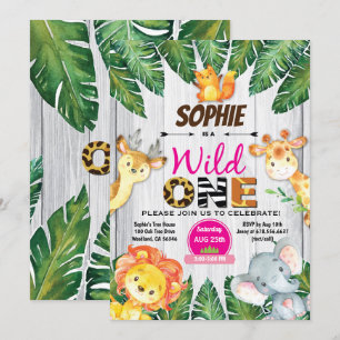 Wild One birthday invitation. Girl jungle safari Invitation